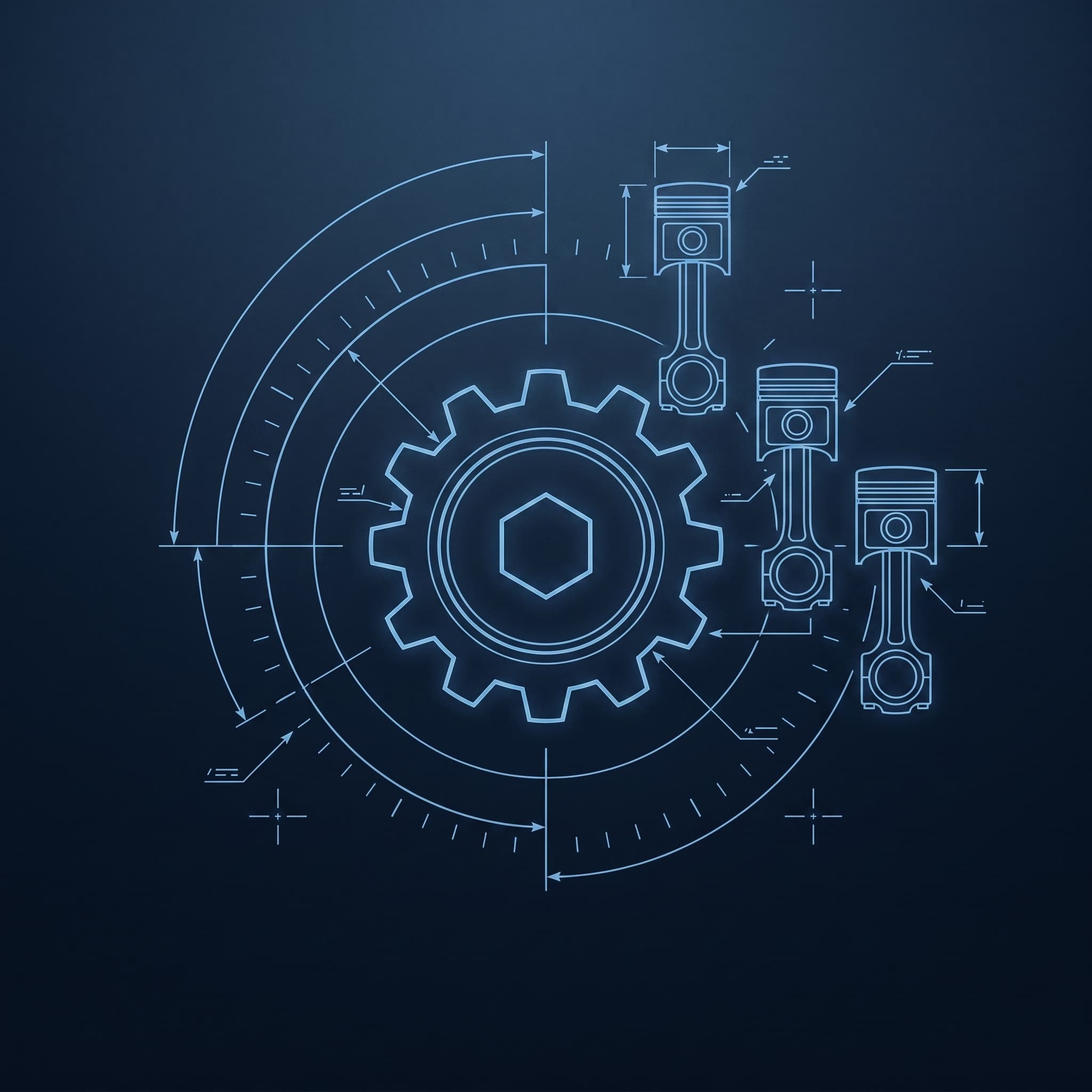 Abstract engineering blueprint with gear and pistons representing automotive service.