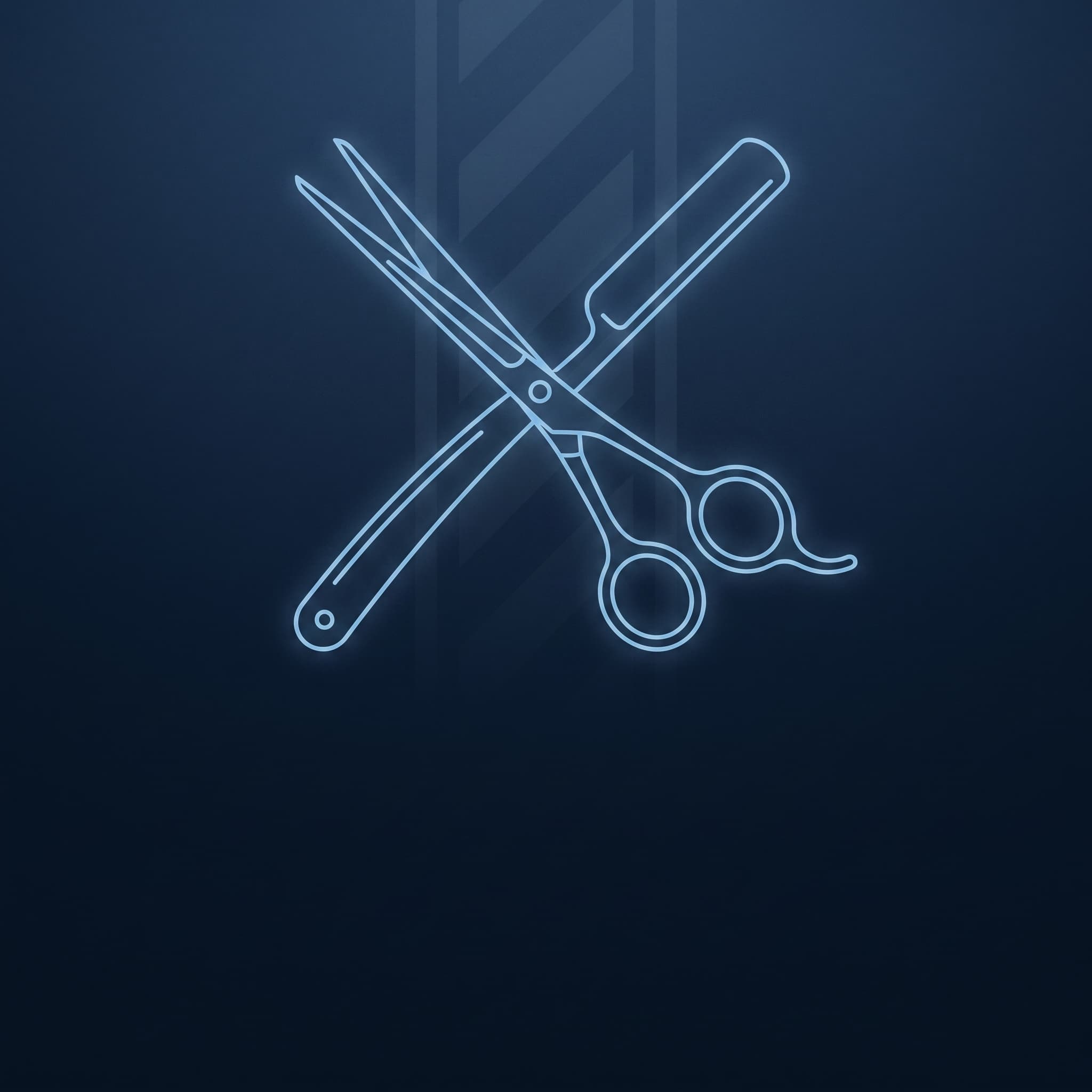 Abstract crossed scissors and straight razor graphic representing barbershops and salons.