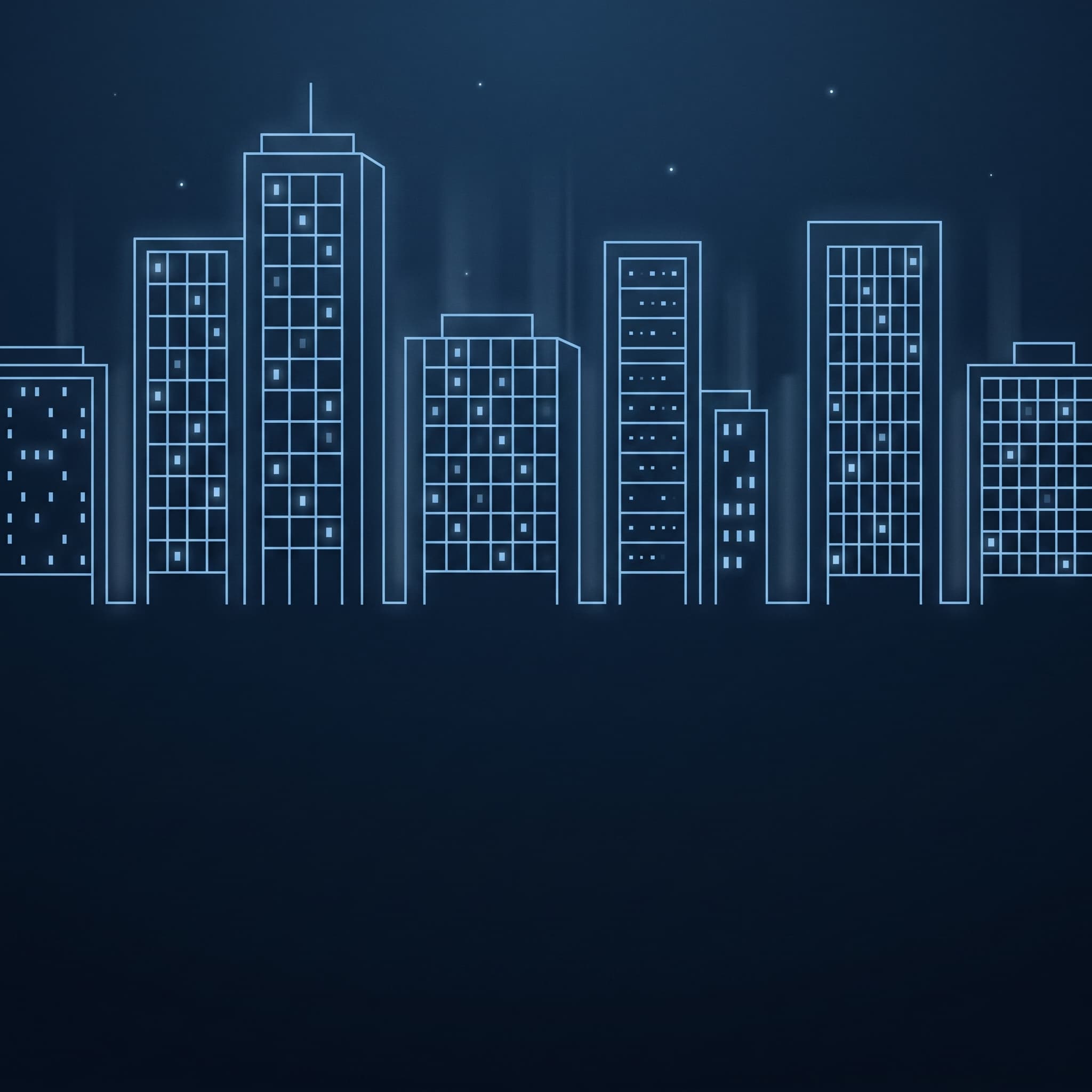 Abstract illuminated city skyline graphic representing hotels and boutique stays.