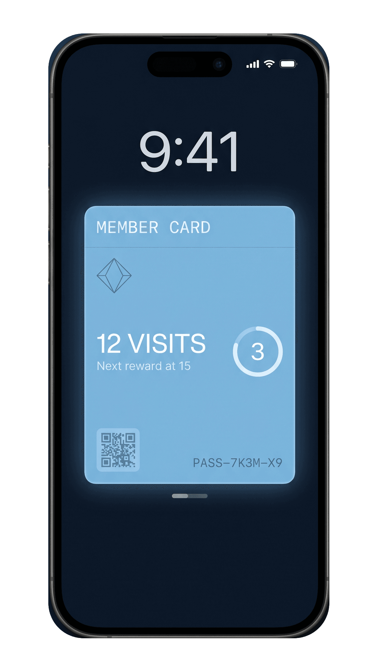 Apple Wallet loyalty pass on an iPhone Lock Screen showing 12 visits, progress toward next reward, and a QR code.