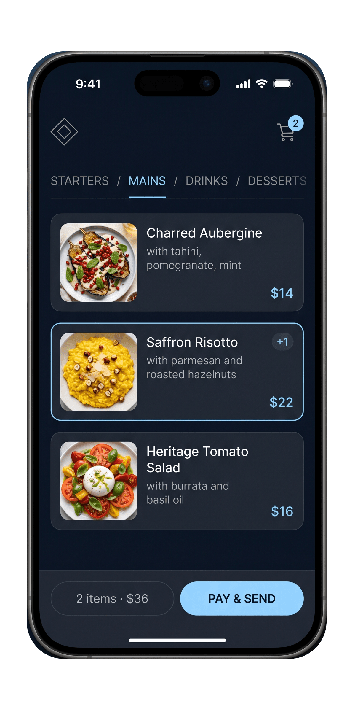 Customer phone view post-QR-scan: menu with Saffron Risotto selected and Pay & Send ready.