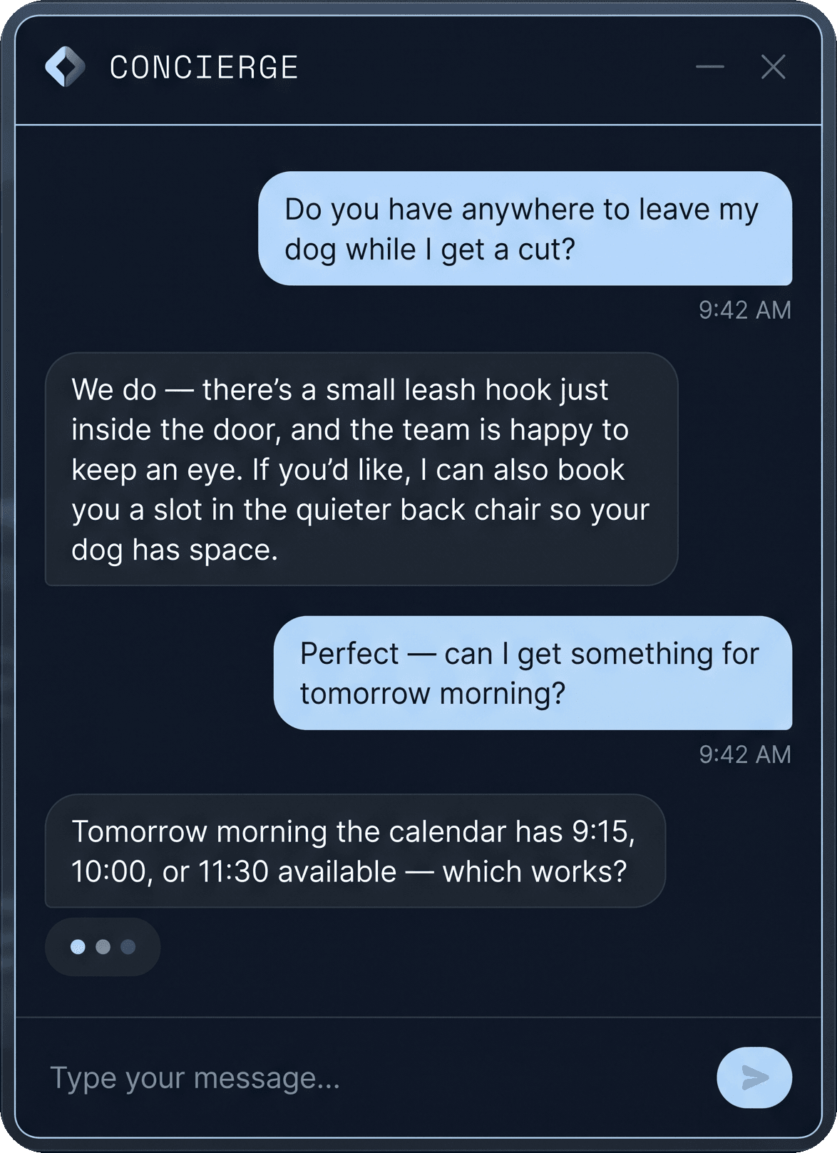 AI brand concierge chat widget showing a four-turn conversation with brand-voice replies and proactive booking options.
