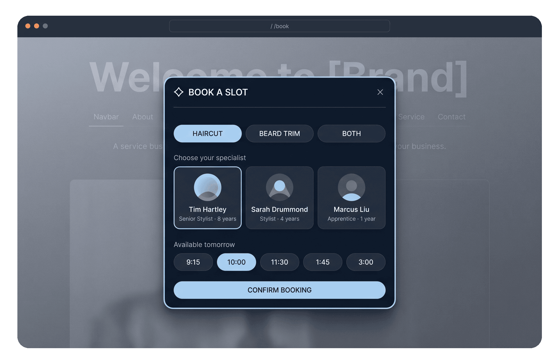 Embedded booking widget overlay on a website with service selection, staff cards, and time slots.