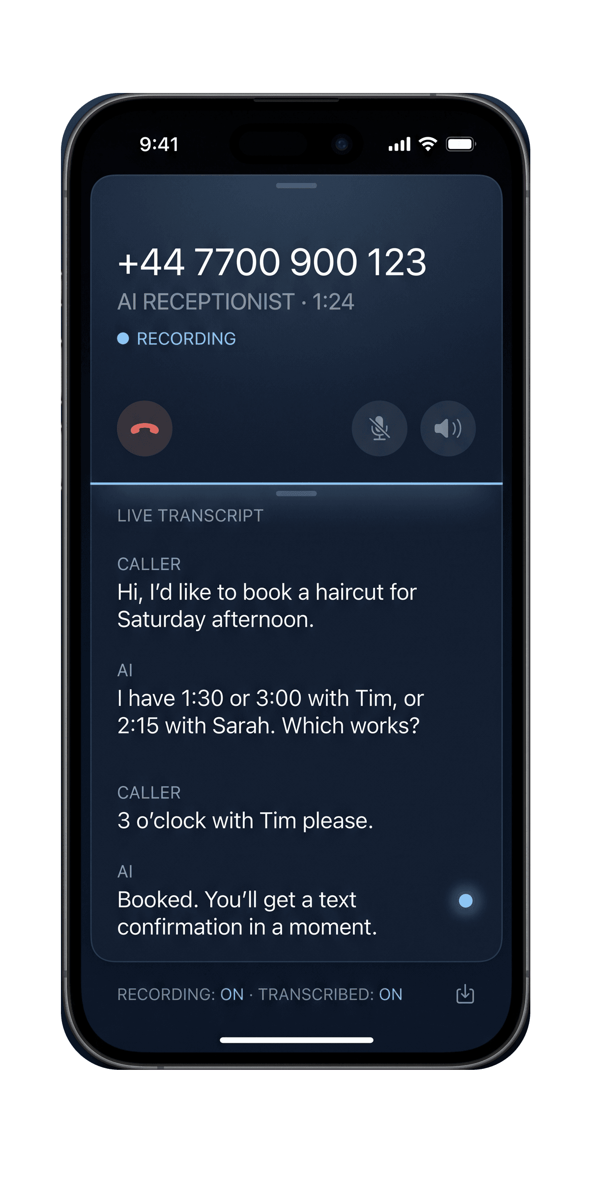 Voice AI receptionist call UI on a phone showing the live transcript of an AI handling an incoming booking.